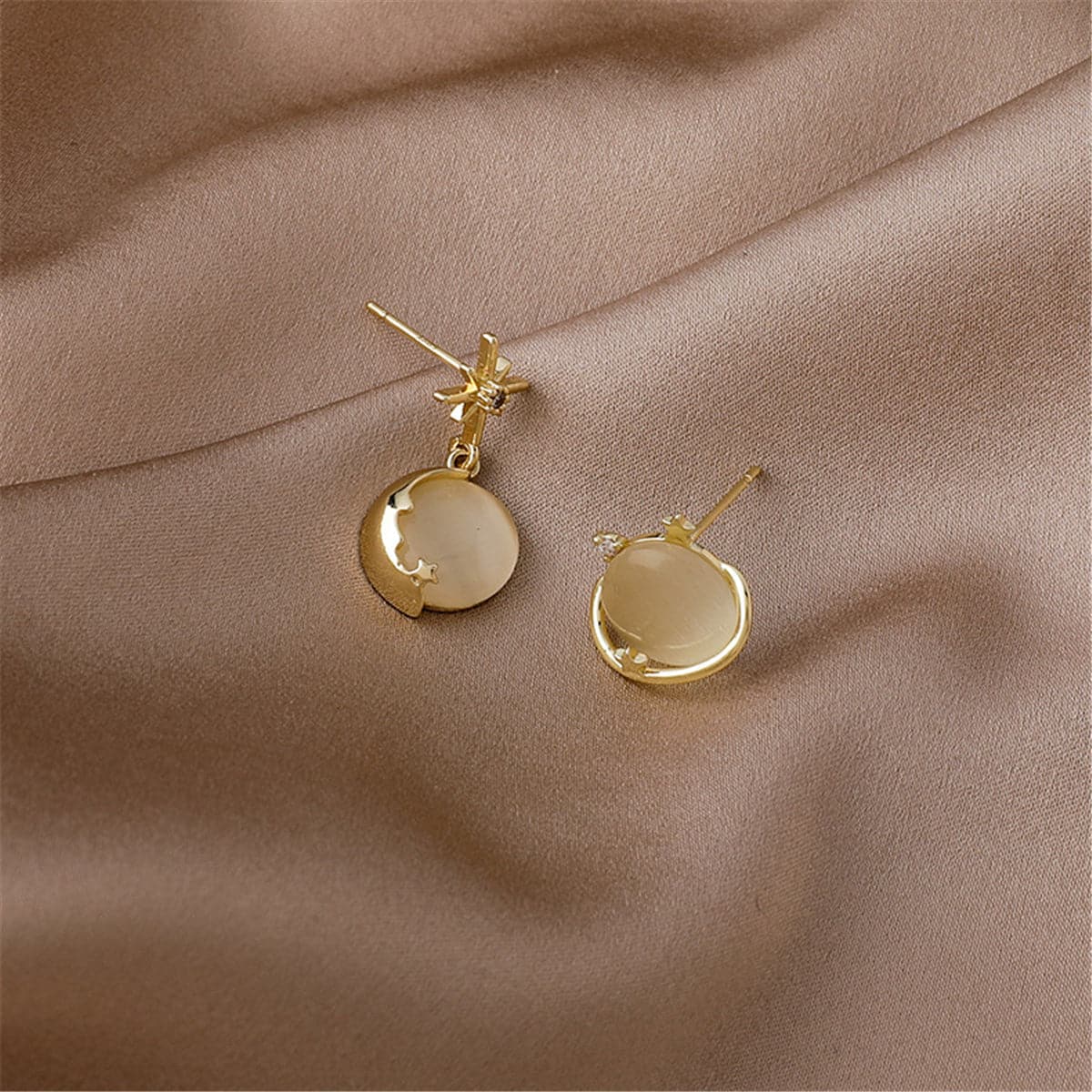 Cat-Eye and 18K Gold-Plated Planet Stud Earring and Moon Drop Earring, gold drop earrings for women, lifestyle look