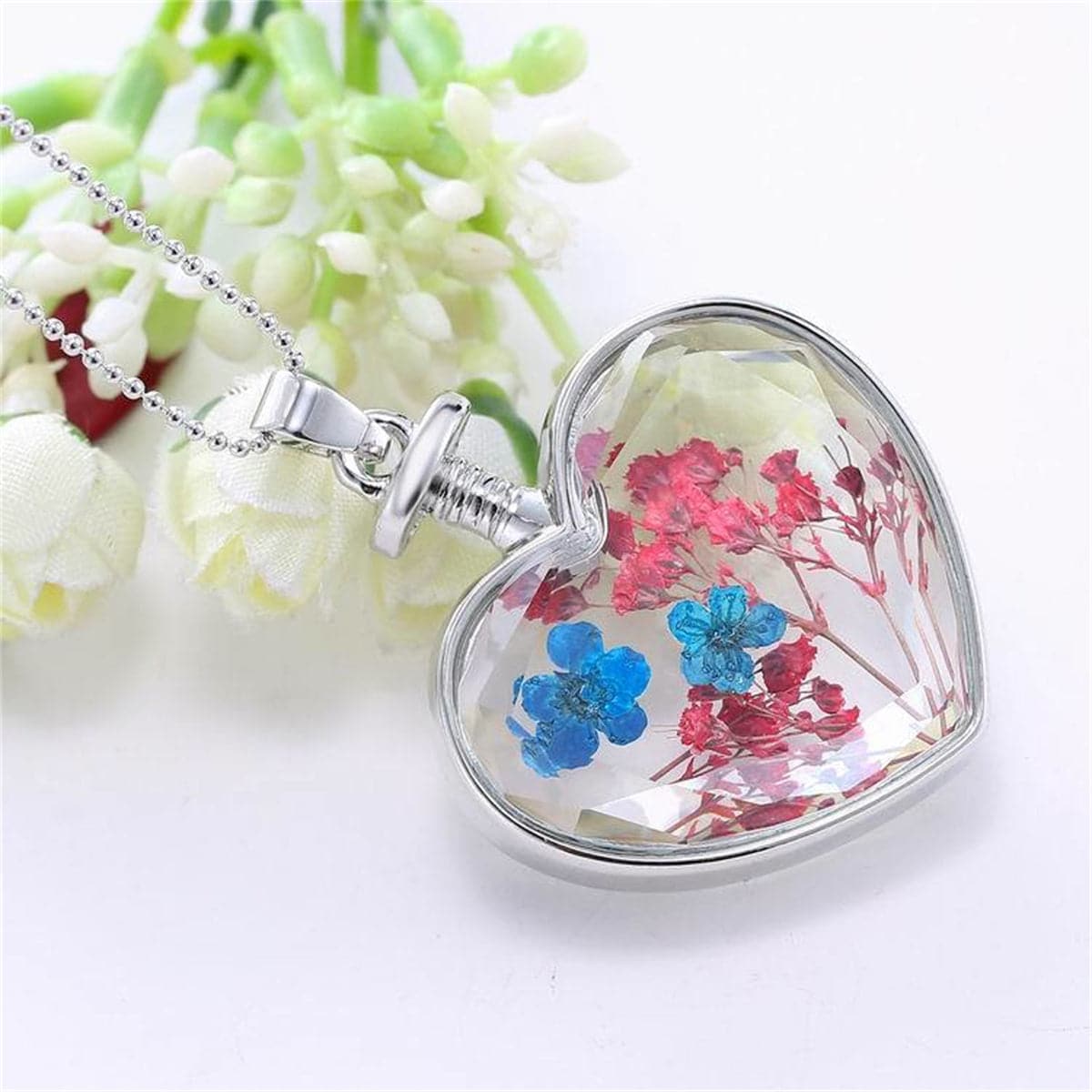 Blue Pressed Peach Blossom and Silver-Plated Heart Pendant Necklace, silver pendant necklace for women, styled look