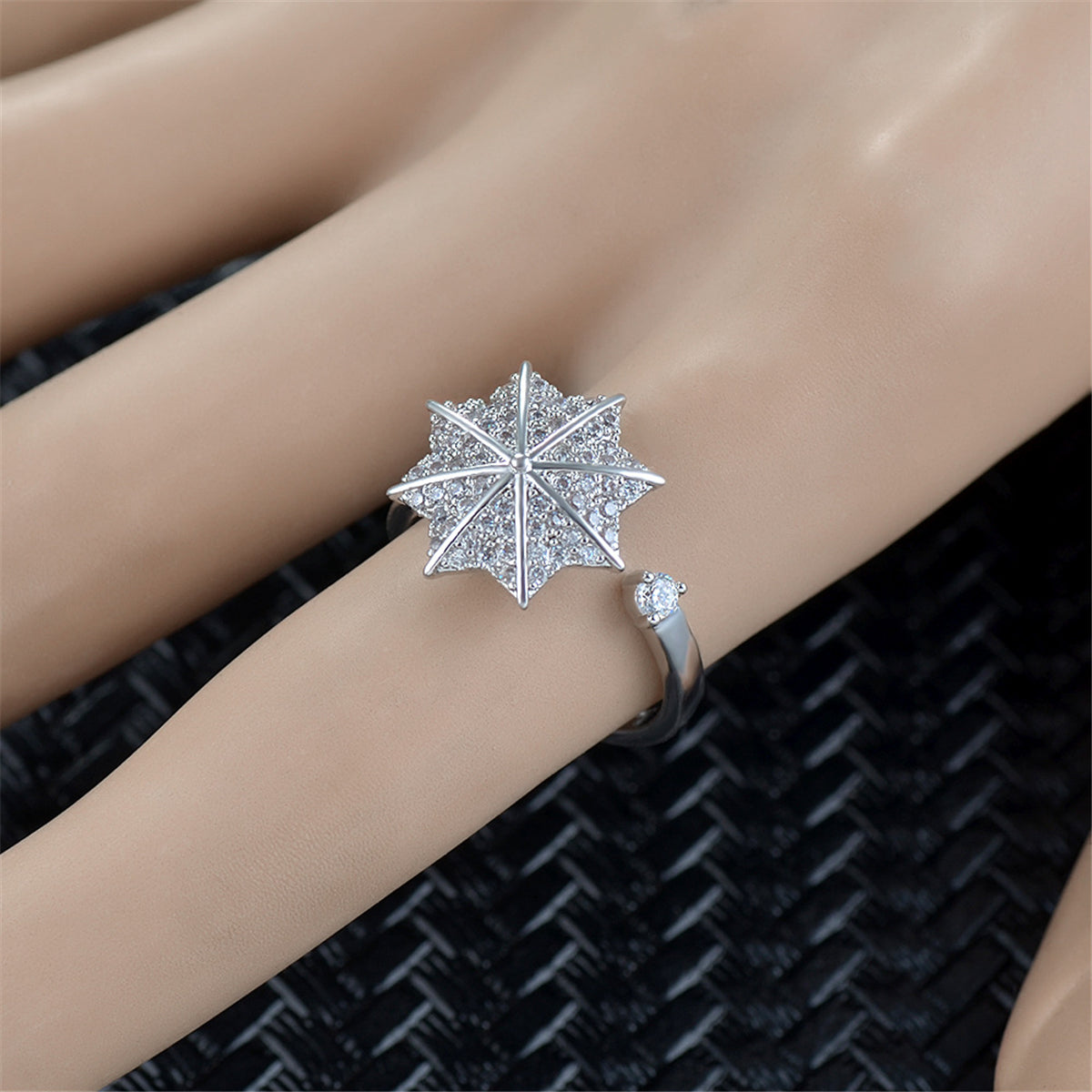 Cubic Zirconia and Silver-Plated Maple Leaf Bypass Ring, silver statement rings for women, styled look