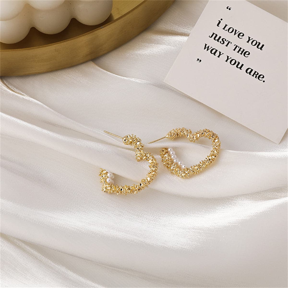 Pearl & 18K Gold-Plated Textured Heart Huggie Earrings