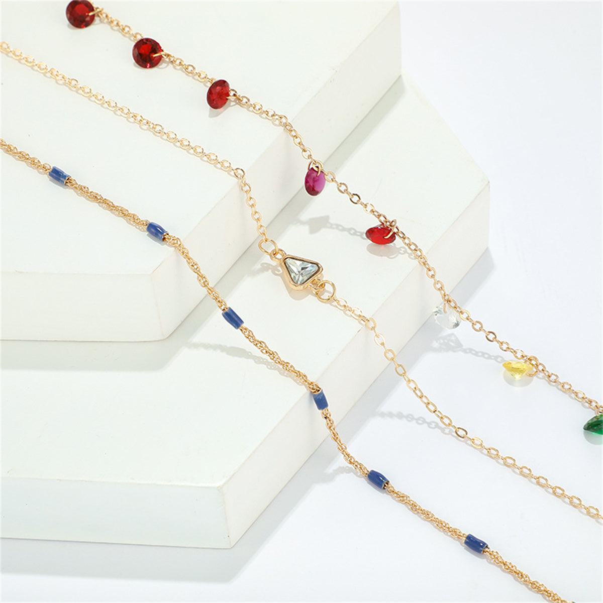 Cubic Zirconia & 18K Gold-Plated Triangle Charm Anklet Set