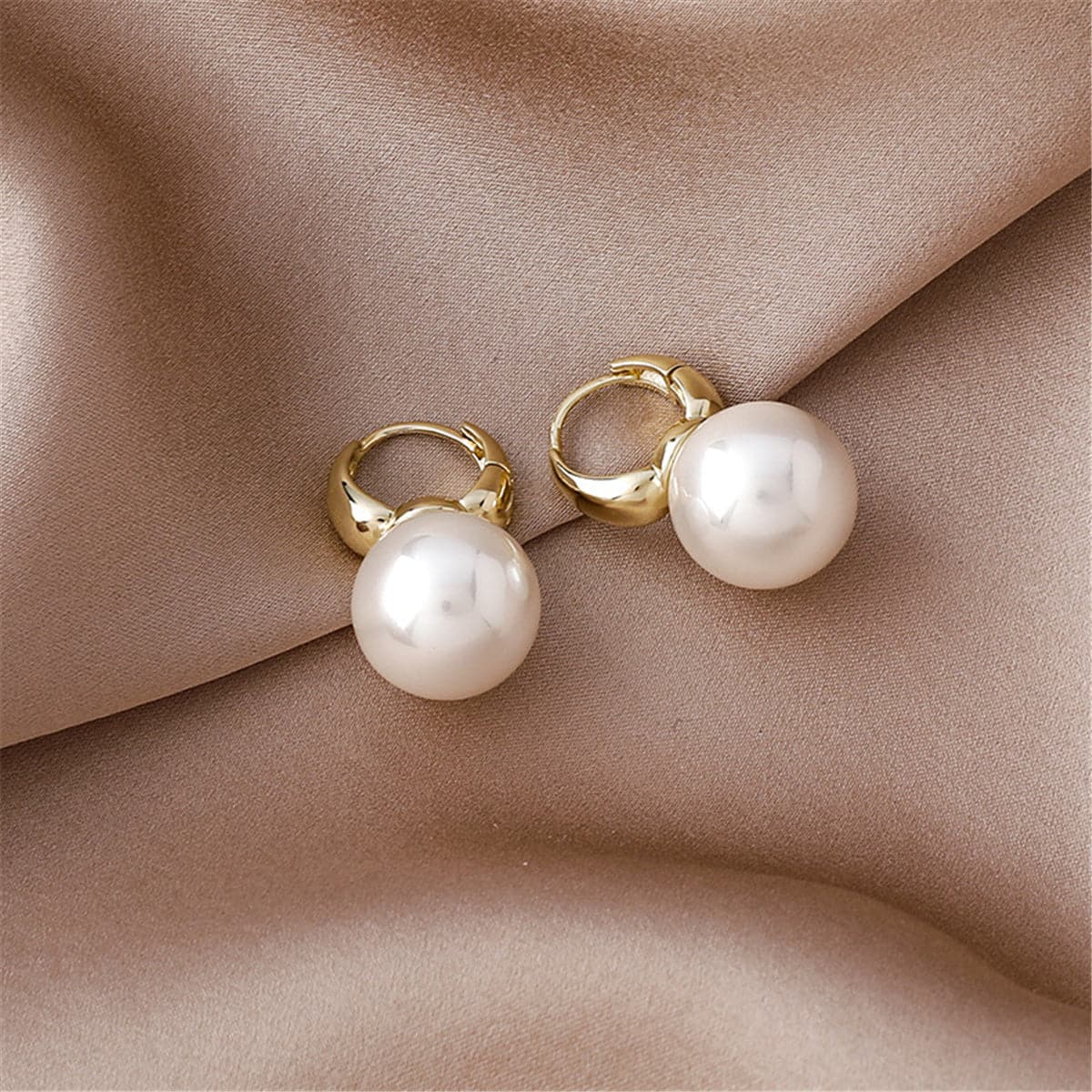 White Pearl and 18K Gold-Plated Huggie Earrings, gold huggie earrings, botanical inspired, front view