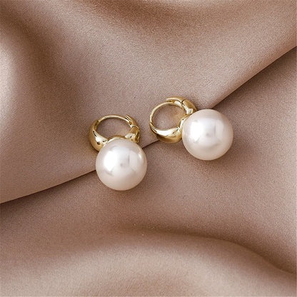 White Pearl and 18K Gold-Plated Huggie Earrings, gold huggie earrings, botanical inspired, front view