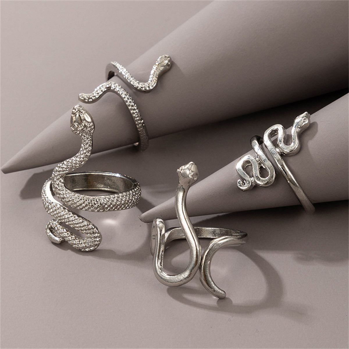Silver-Plated Textured Snake Ring Set, silver statement rings for women, botanical inspired, styled look