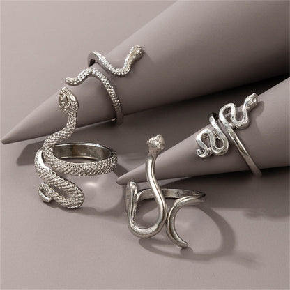 Silver-Plated Textured Snake Ring Set, silver statement rings for women, botanical inspired, styled look