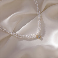 Cubic Zirconia & Pearl Layered Round-Cut Pendant Necklace