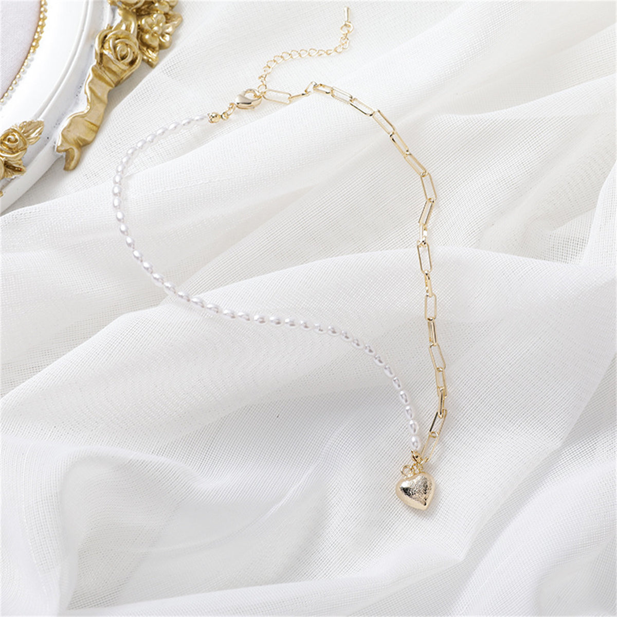 Pearl and 18K Gold-Plated Heart Pendant Necklace, gold pendant necklace for women, dainty minimalist design, lifestyle look