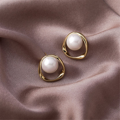 Pearl and 18K Gold-Plated Stud Earrings, gold stud earrings for women, botanical inspired, styled look