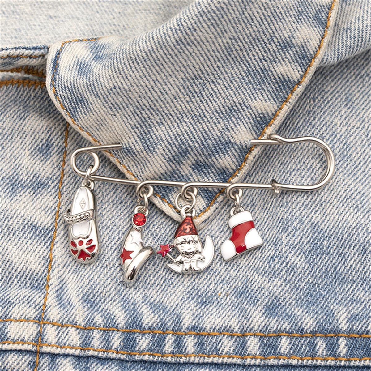 Silver-Plated and Red Christmas Charm Brooch, silver brooch pin, botanical inspired, side view