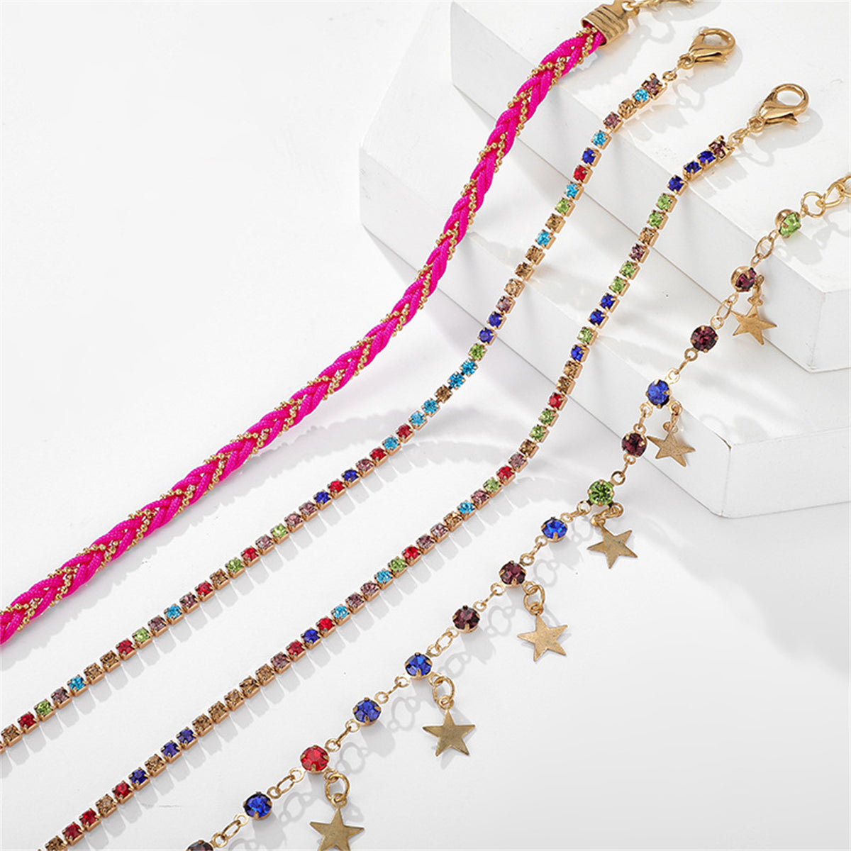 Pink & 18K Gold-Plated Star Anklet Set