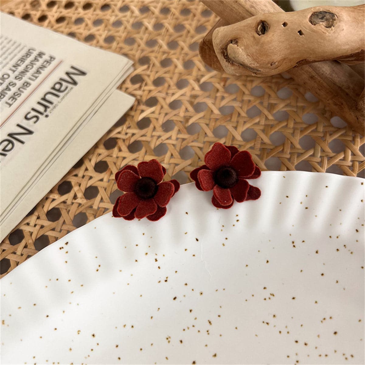 Red Flocked and Silver-Plated Flower Stud Earrings, silver stud earrings for women, botanical inspired, detail close-up
