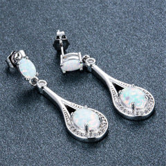 White Opal & Silver-Plated Oval Drop Earrings