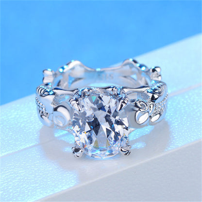 Crystal and Silver-Plated Ornate Oval-Cut Prong-Set Ring, silver statement rings for women, lifestyle look