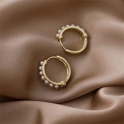 Pearl and 18K Gold-Plated Channel Huggie Earrings, gold huggie earrings, botanical inspired, styled look