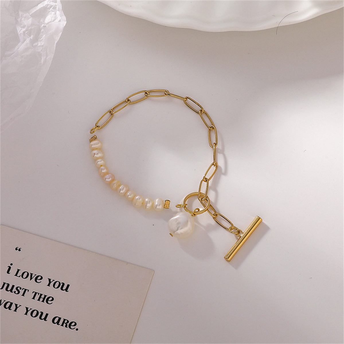 Pearl & 18K Gold-Plated Asymmetrical Chain Toggle Bracelet
