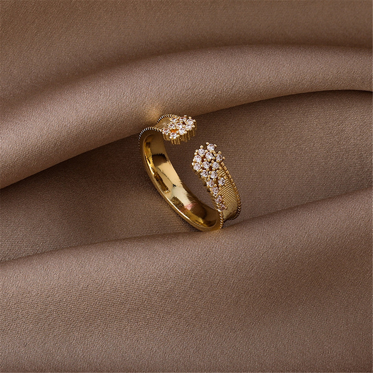 Cubic Zirconia and 18K Gold-Plated Milgrain Cluster Bypass Ring, gold statement rings for women, detail close-up