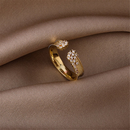 Cubic Zirconia and 18K Gold-Plated Milgrain Cluster Bypass Ring, gold statement rings for women, detail close-up