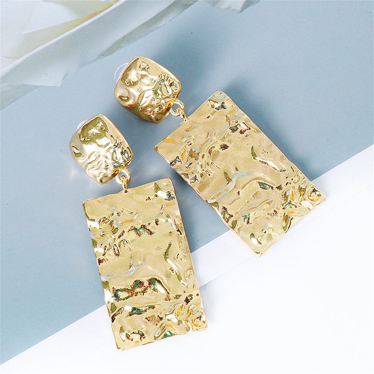 18K Gold-Plated Textured Rectangle Drop Earrings, gold drop earrings for women, elegant gift for her, detail close-up