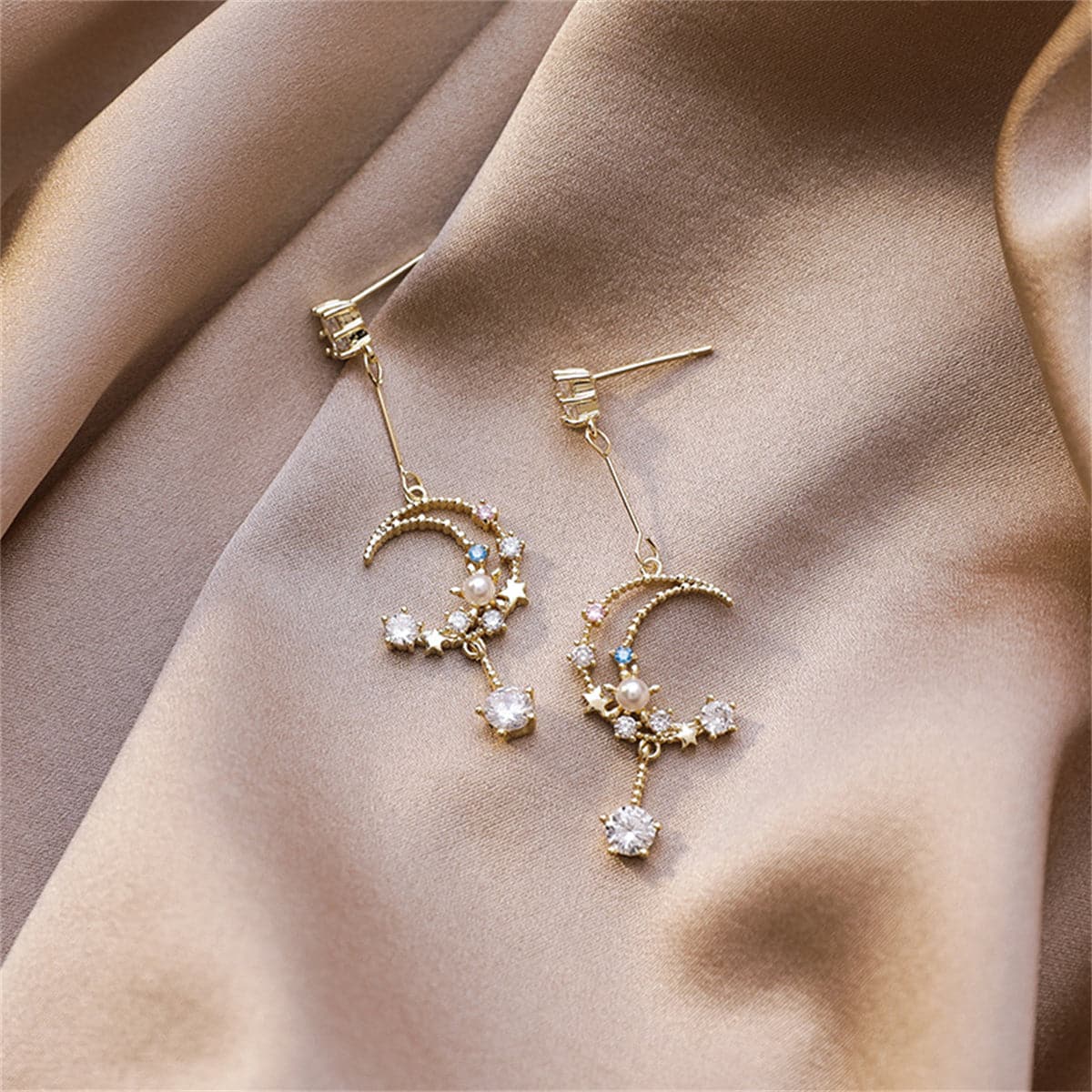 Cubic Zirconia and Pearl 18K Gold-Plated Celestial Drop Earrings, gold drop earrings for women, everyday style, styled look