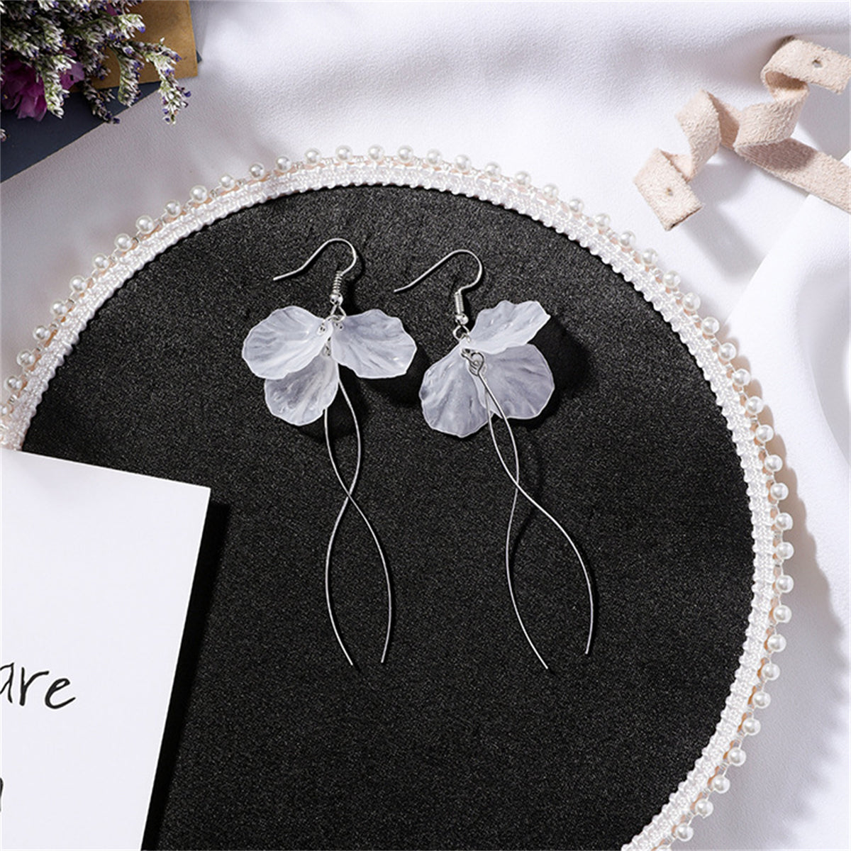 White & Silver-Plated Petal Trio Tassel Drop Earrings