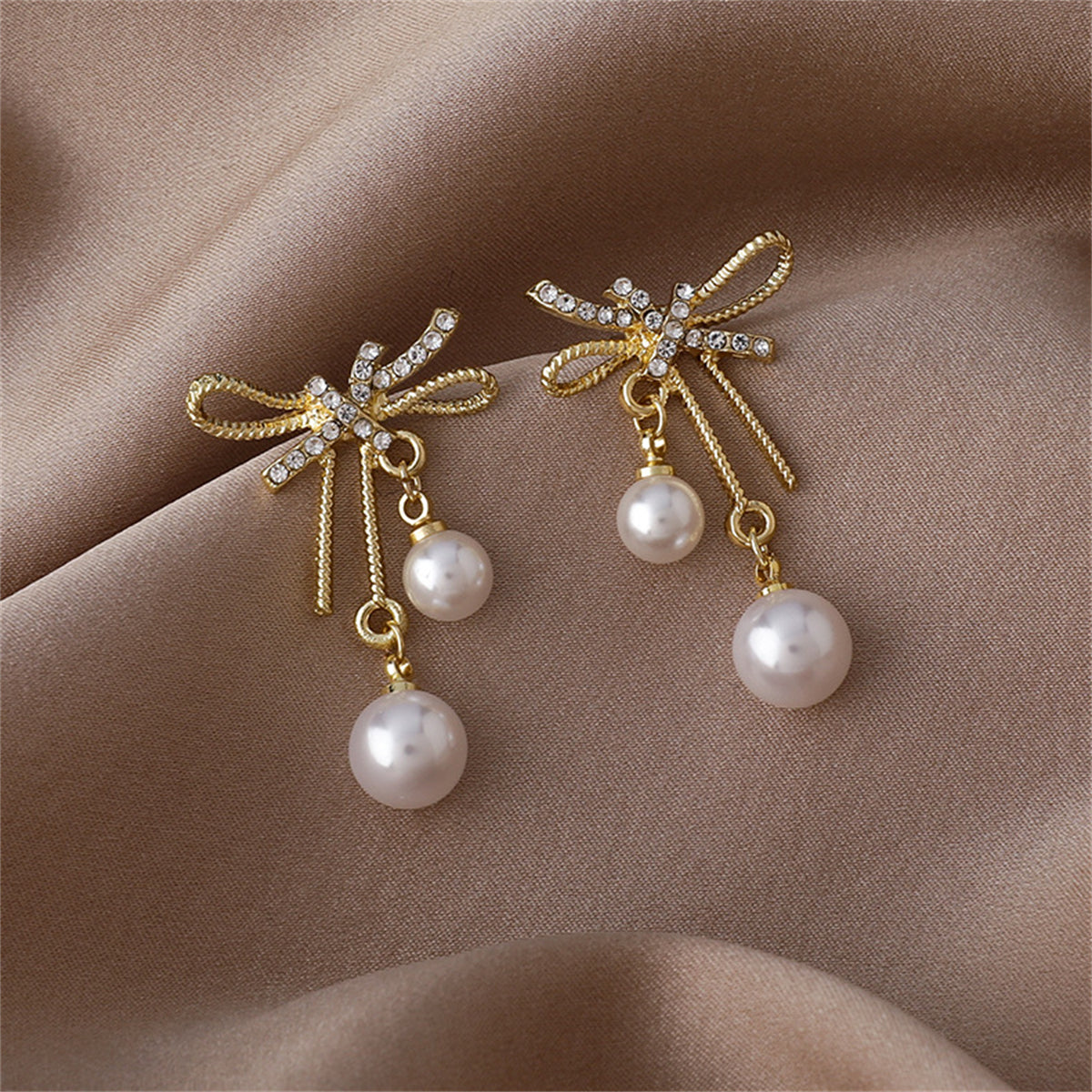 Cubic Zirconia & Pearl 18K Gold-Plated Bow Ribbon Drop Earrings