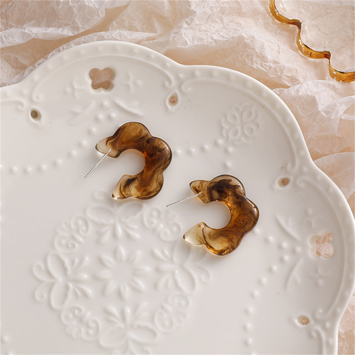 Amber Acrylic and Silver-Plated Flower Stud Earring, silver stud earrings for women, botanical inspired, lifestyle look