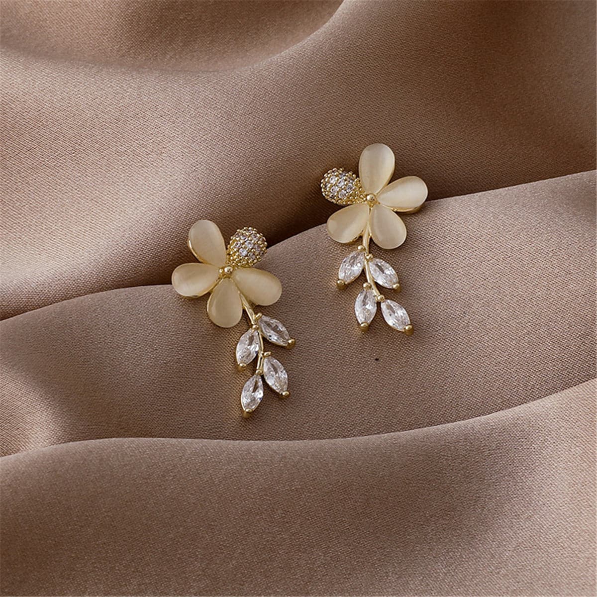 Crystal and Cat's Eye Floral Drop Earrings, drop earrings for women, vintage-inspired design, styled look