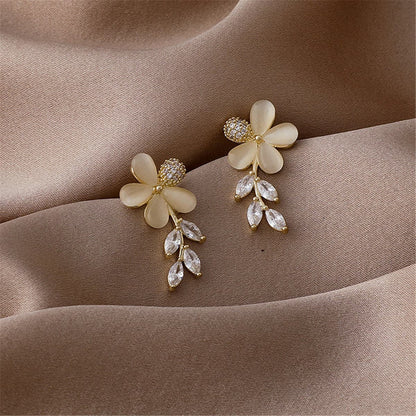 Crystal and Cat's Eye Floral Drop Earrings, drop earrings for women, vintage-inspired design, styled look