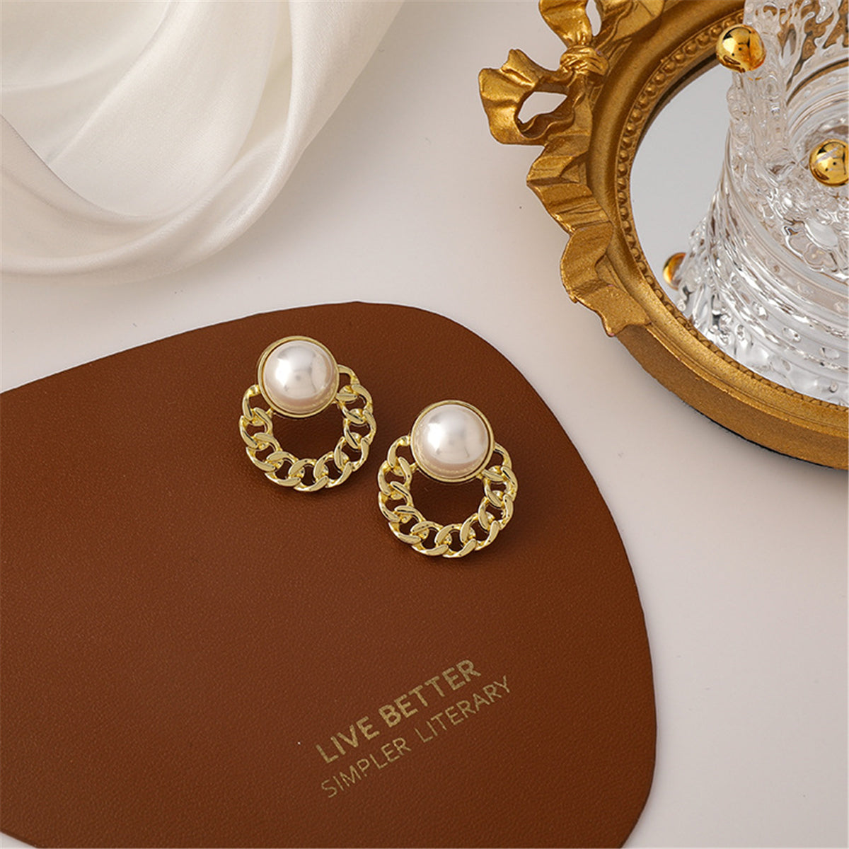Pearl and 18K Gold-Plated Curb Round Stud Earrings, gold drop earrings for women, dainty minimalist design, front view