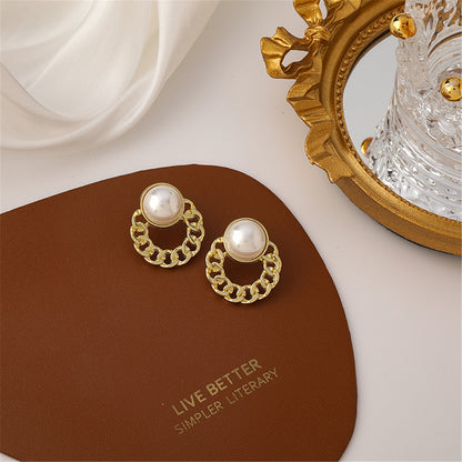 Pearl and 18K Gold-Plated Curb Round Stud Earrings, gold drop earrings for women, dainty minimalist design, front view