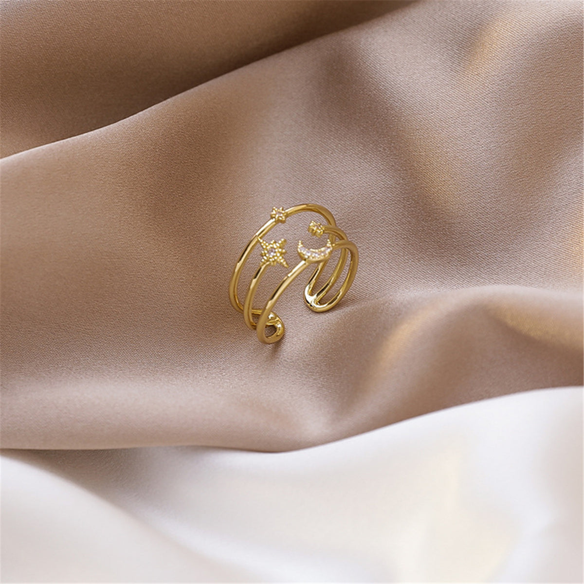 Cubic Zirconia & 18K Gold-Plated Celestial Layered Open Ring