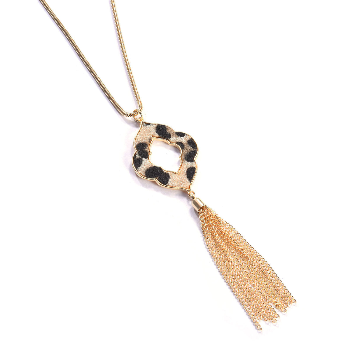 Beige Polyurethane & 18K Gold-Plated Leopard Lattice Tassel Pendant Necklace
