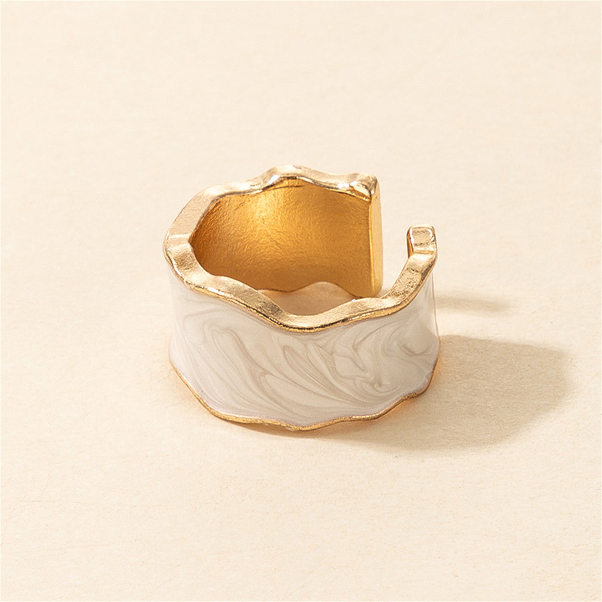 Enamel and 18K Gold-Plated Marbled Abstract Open Band, gold statement rings for women, detail close-up