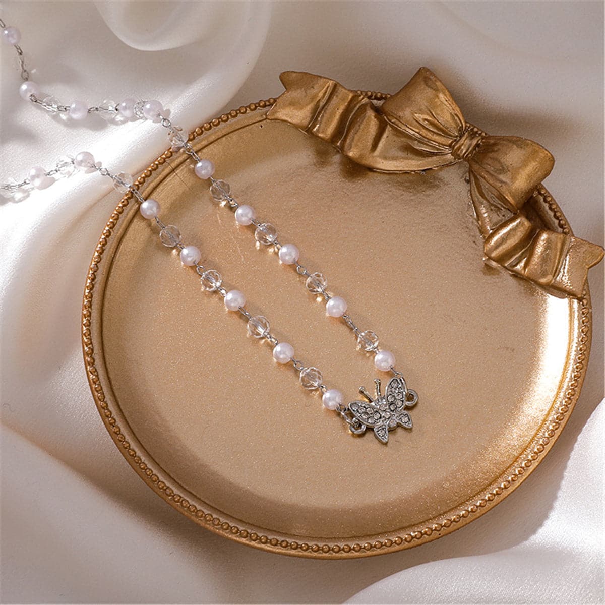 Cubic Zirconia & Pearl  Silver-Plated Butterfly Station Pendant Necklace