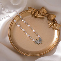 Cubic Zirconia & Pearl  Silver-Plated Butterfly Station Pendant Necklace