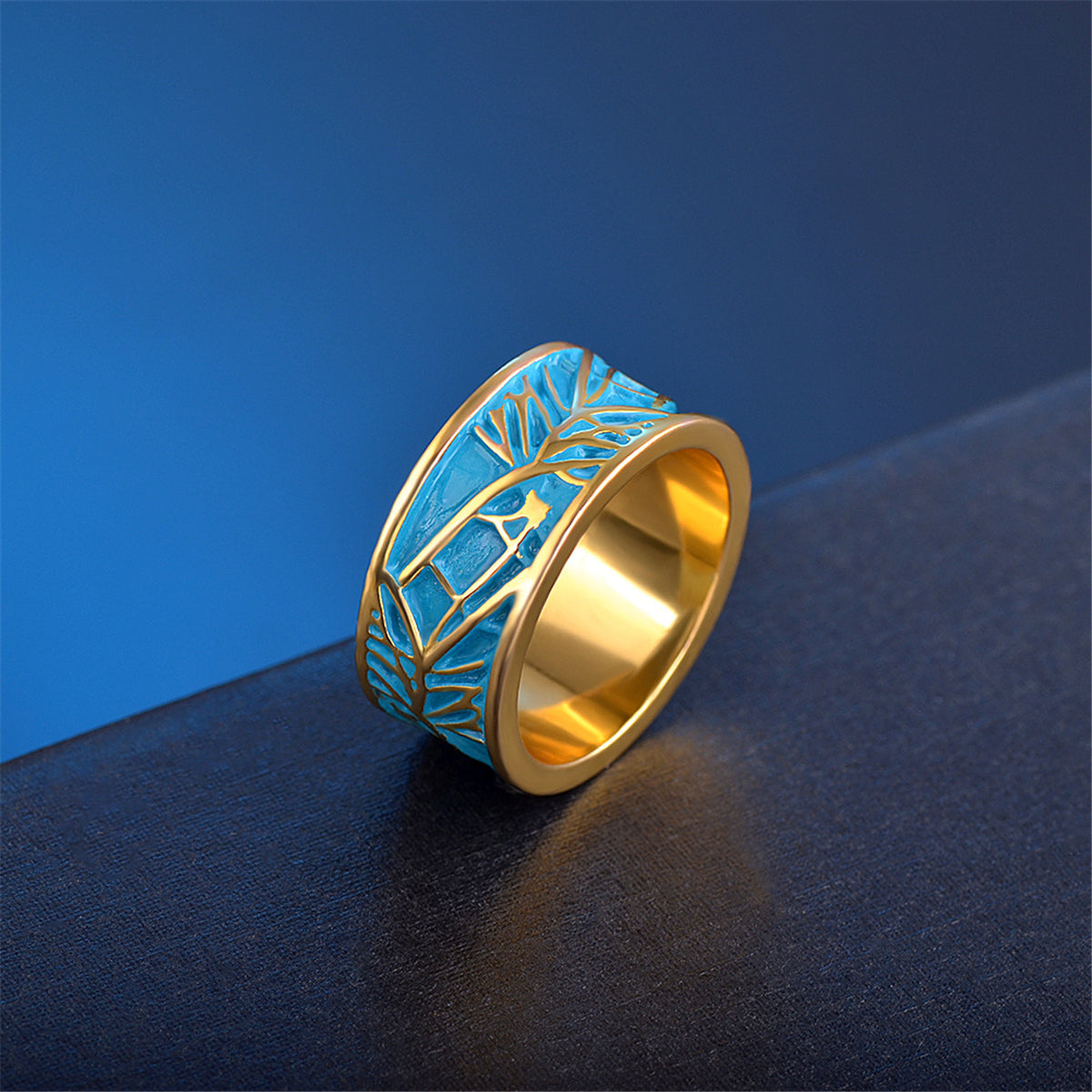 Blue Enamel and 18K Gold-Plated Branch Band Ring, gold statement rings for women, botanical inspired, detail close-up