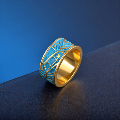 Blue Enamel and 18K Gold-Plated Branch Band Ring, gold statement rings for women, botanical inspired, detail close-up