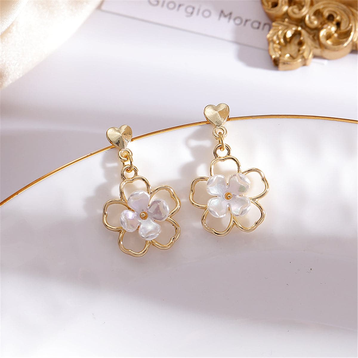 White & Gold-Plated Flower Clip-On Earrings