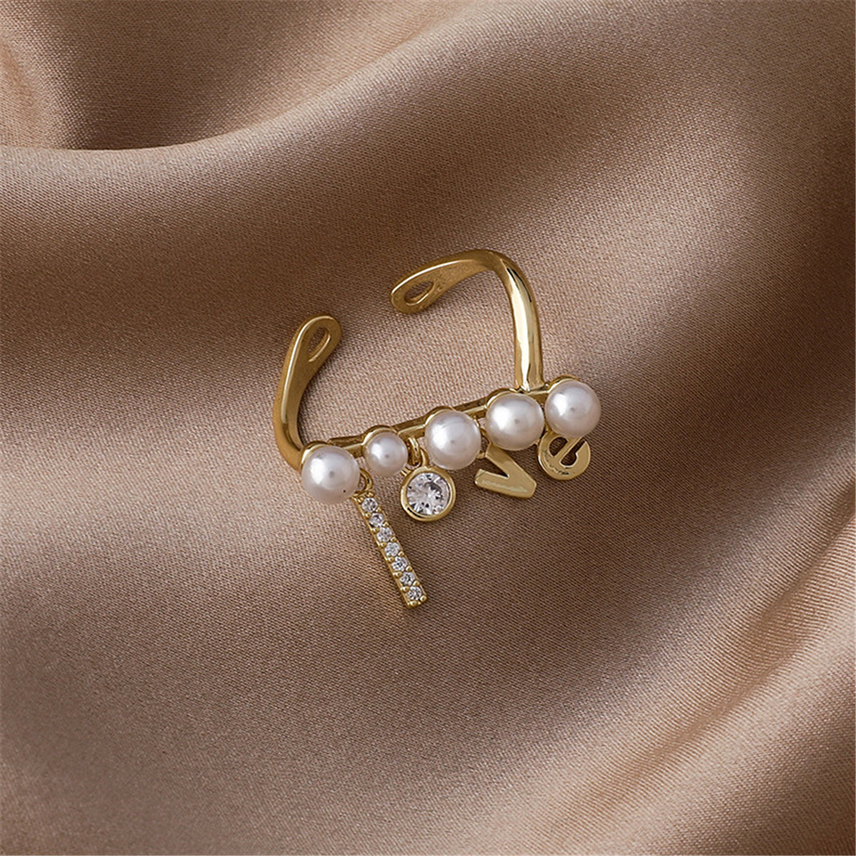 Pearl and Cubic Zirconia 'Love' Open Ring, statement rings for women, everyday style, styled look