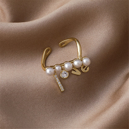 Pearl and Cubic Zirconia 'Love' Open Ring, statement rings for women, everyday style, styled look