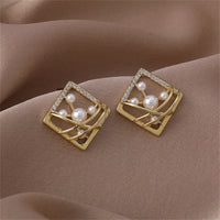 Pearl & Cubic Zirconia Pavé Abstract Square Stud Earrings