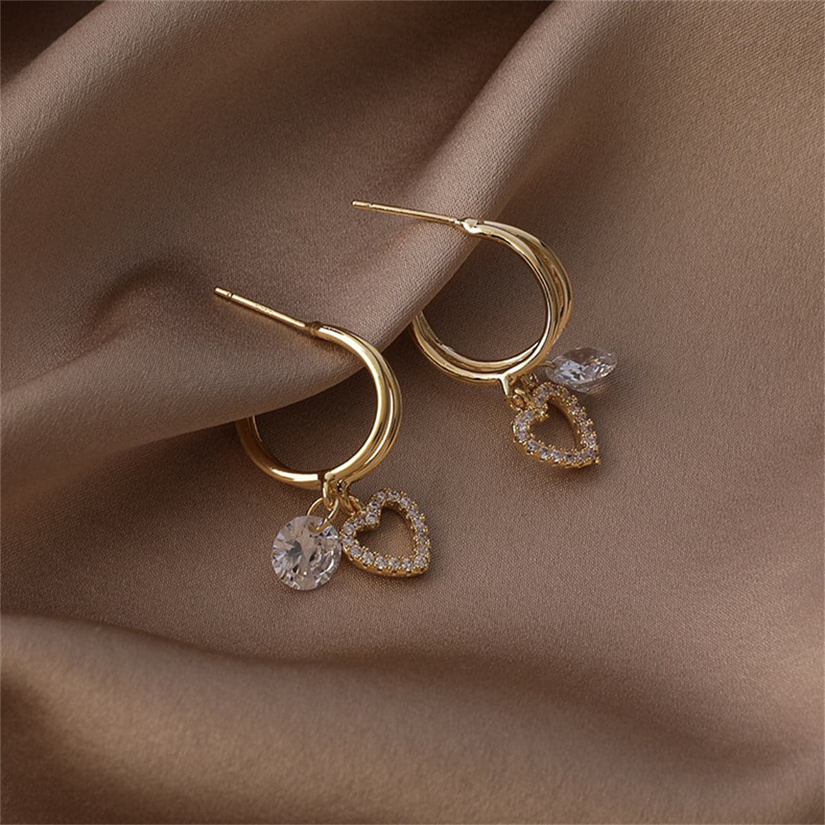Cubic Zirconia and 18K Gold-Plated Heart Drop Earrings, gold drop earrings for women, vintage-inspired design, side view