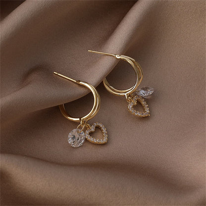 Cubic Zirconia and 18K Gold-Plated Heart Drop Earrings, gold drop earrings for women, vintage-inspired design, side view