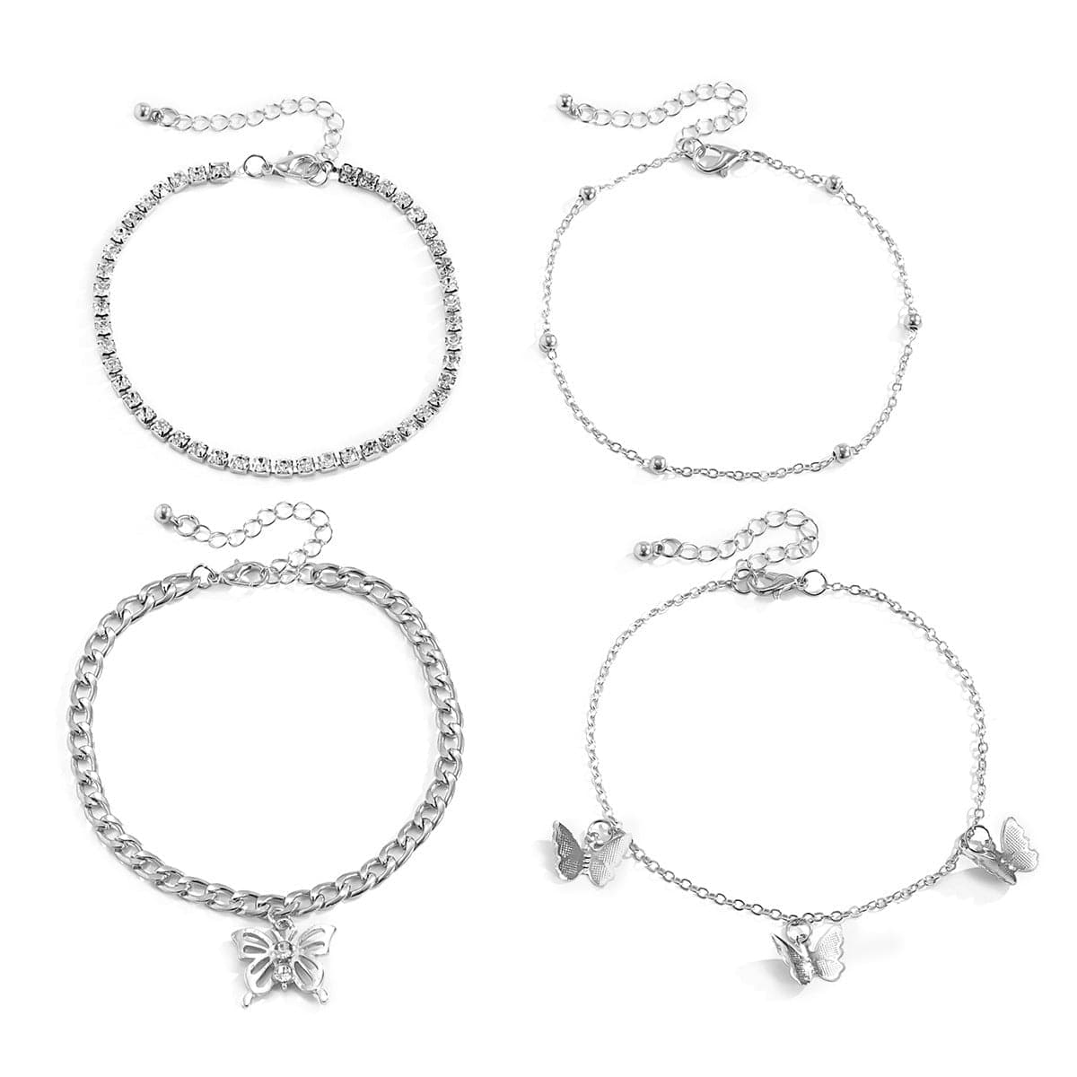 Cubic Zirconia & Silver-Plated Butterfly Charm Anklet Set