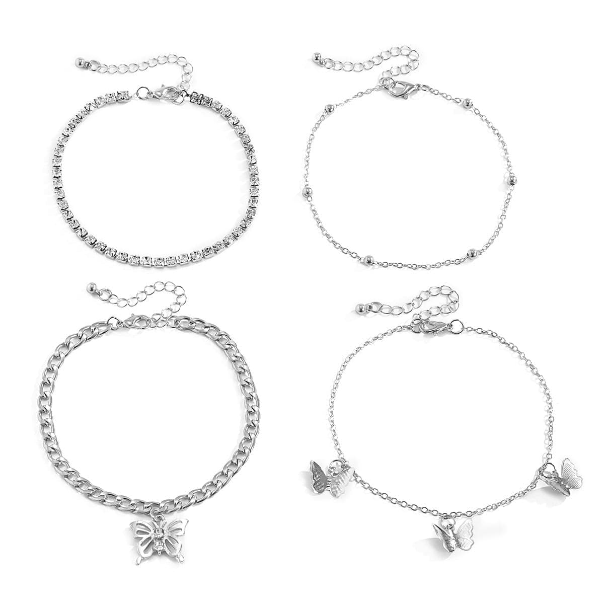 Cubic Zirconia and Silver-Plated Butterfly Charm Anklet Set, jewelry gift sets for women, detail close-up