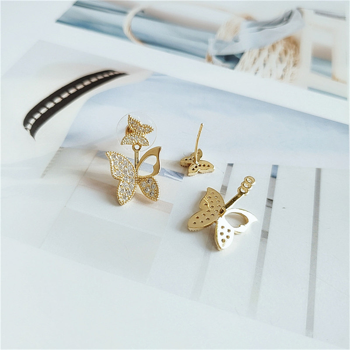 Cubic Zirconia & 18K Gold-Plated Cutout Butterfly Ear Jackets
