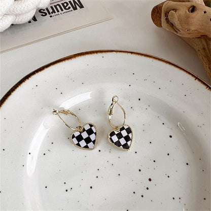Black and White Checkerboard Heart Drop Earrings, drop earrings for women, vintage-inspired design, lifestyle look