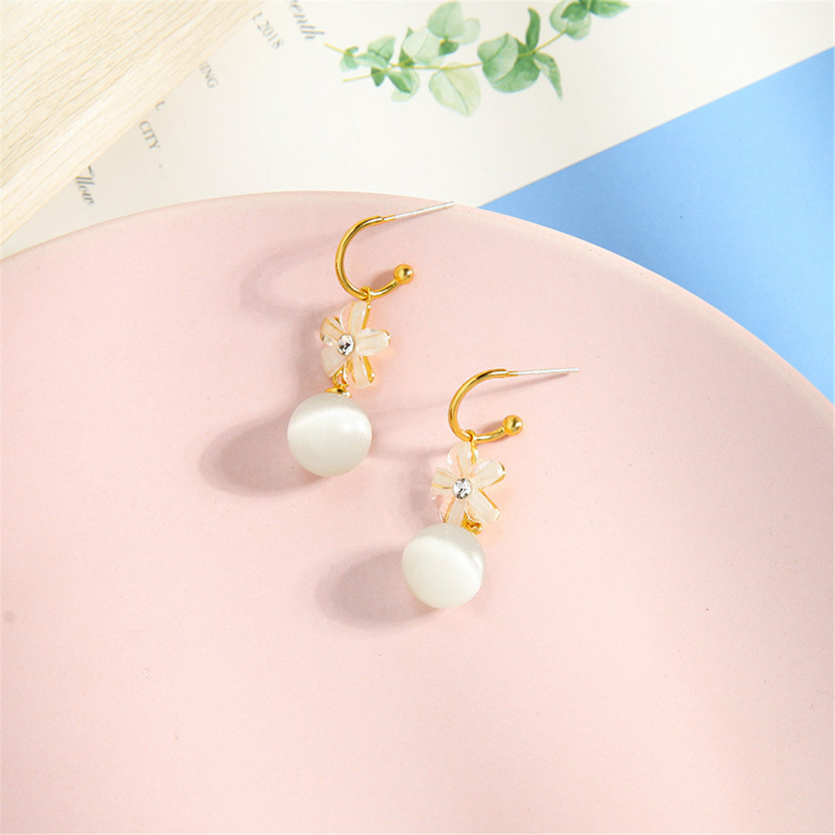Cat's Eye & Cubic Zirconia Flower Drop Earrings