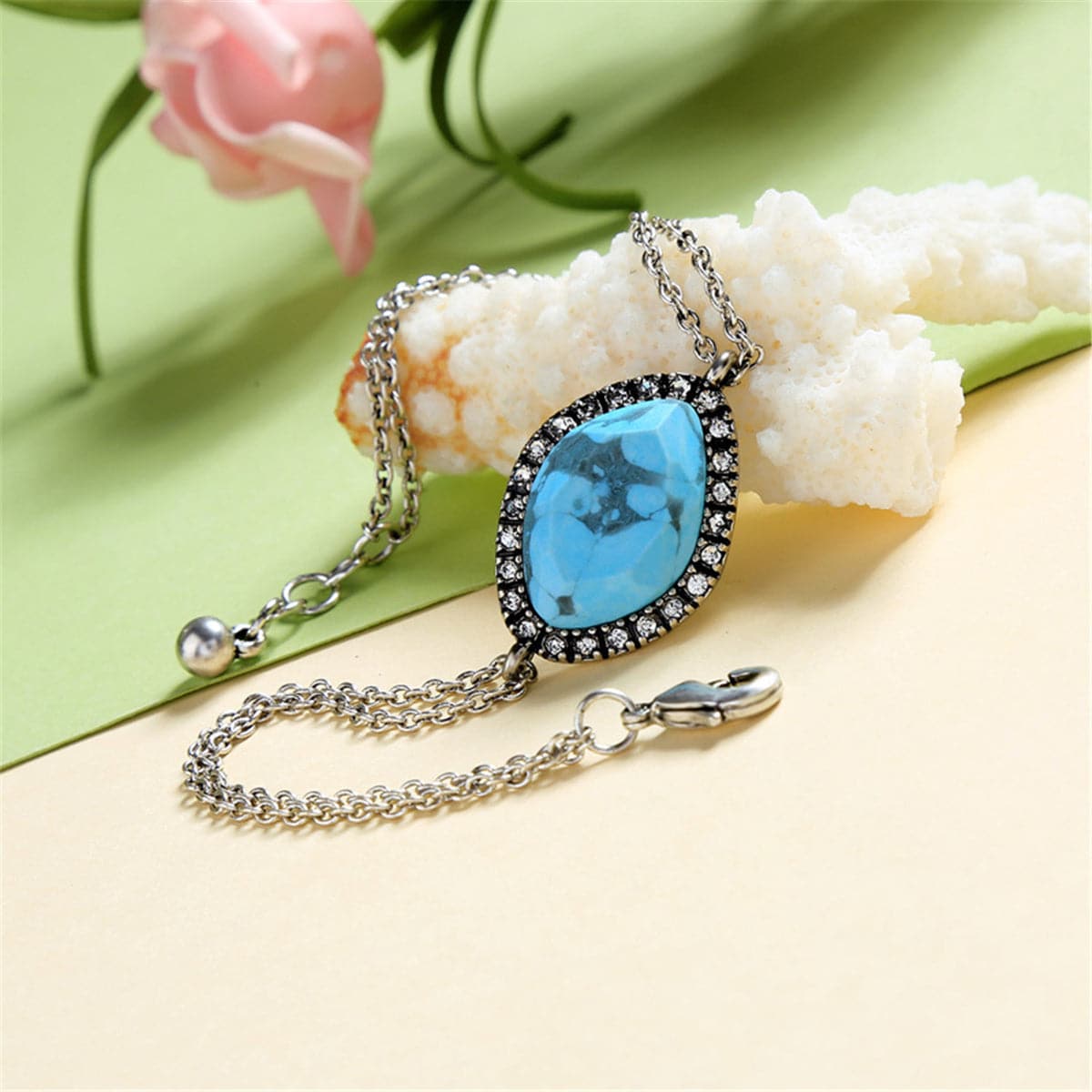 Turquoise & Cubic Zirconia Silver-Plated Adjustable Bracelet
