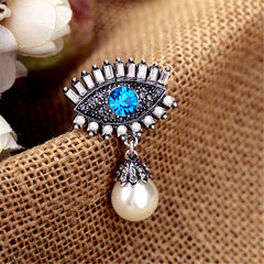 Blue Crystal & Pearl Silver-Plated Eye & Drop Brooch